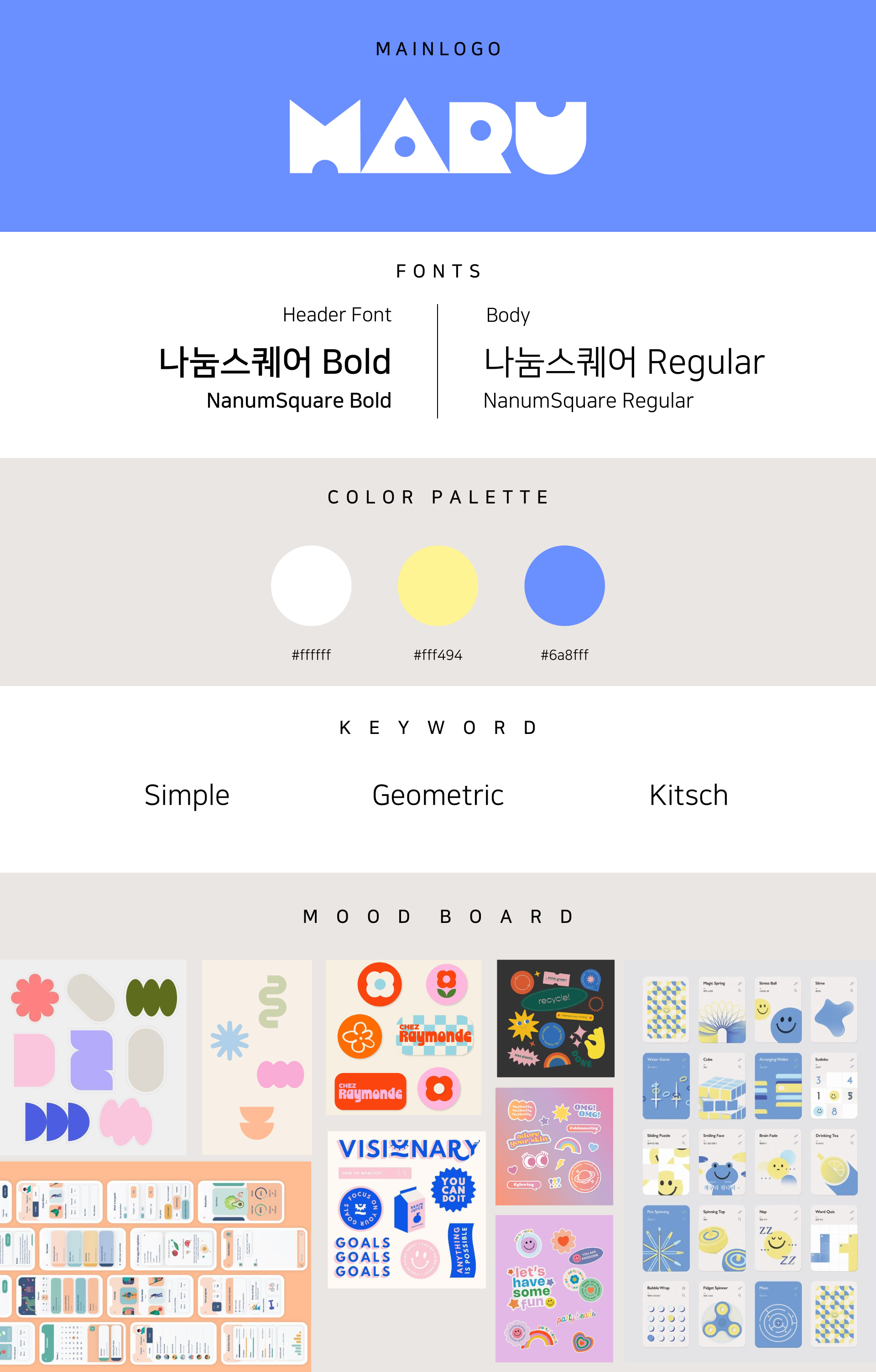 Maru brand guideline — logo, fonts, color palette, keywords, and mood board